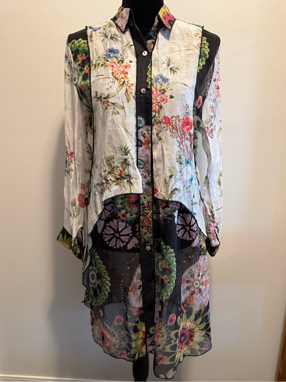 Vintage Concept Floral Patchwork Long Sleeve Dress Shirt